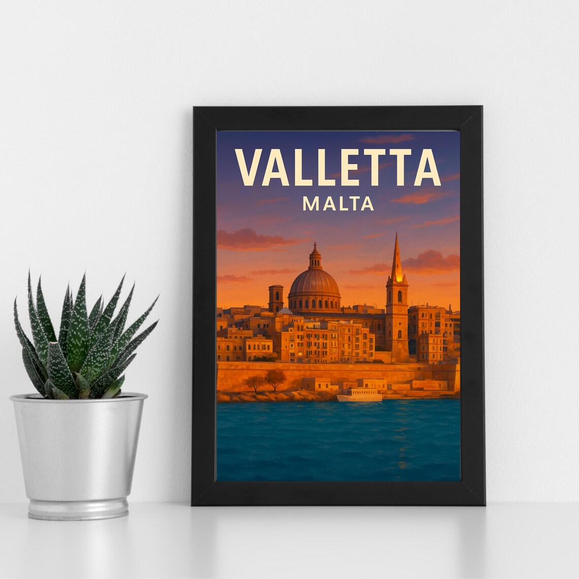 Valletta Malta Harbor Fortress Skyline Vintage Travel Poster