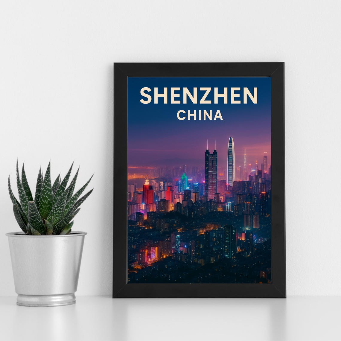 Shenzhen China Neon Night Skyline Vintage Travel Art Poster Decor