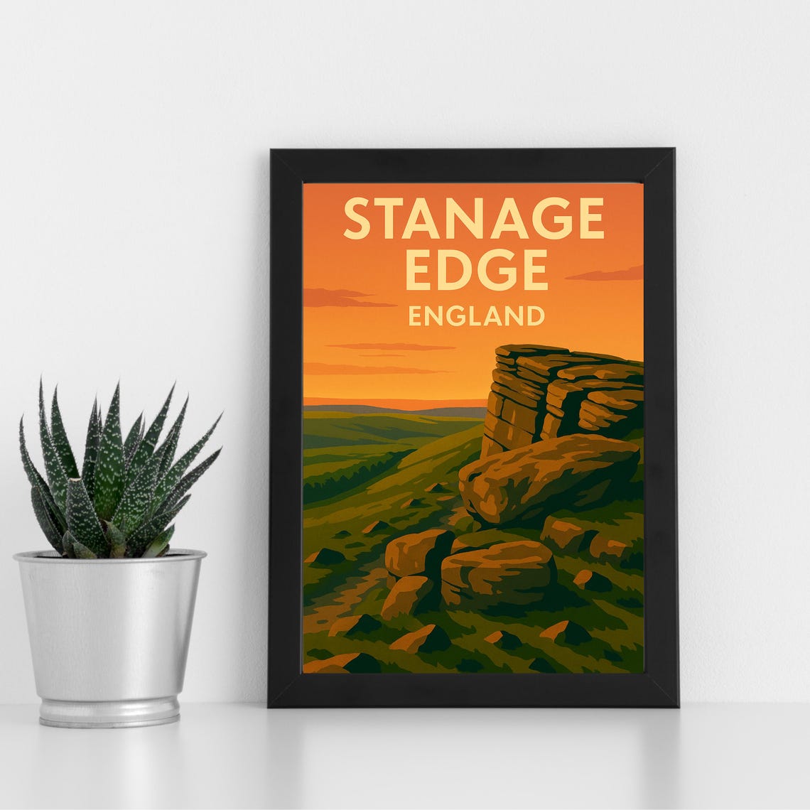 Stanage Edge England Vintage Sunset Travel Poster Peak District