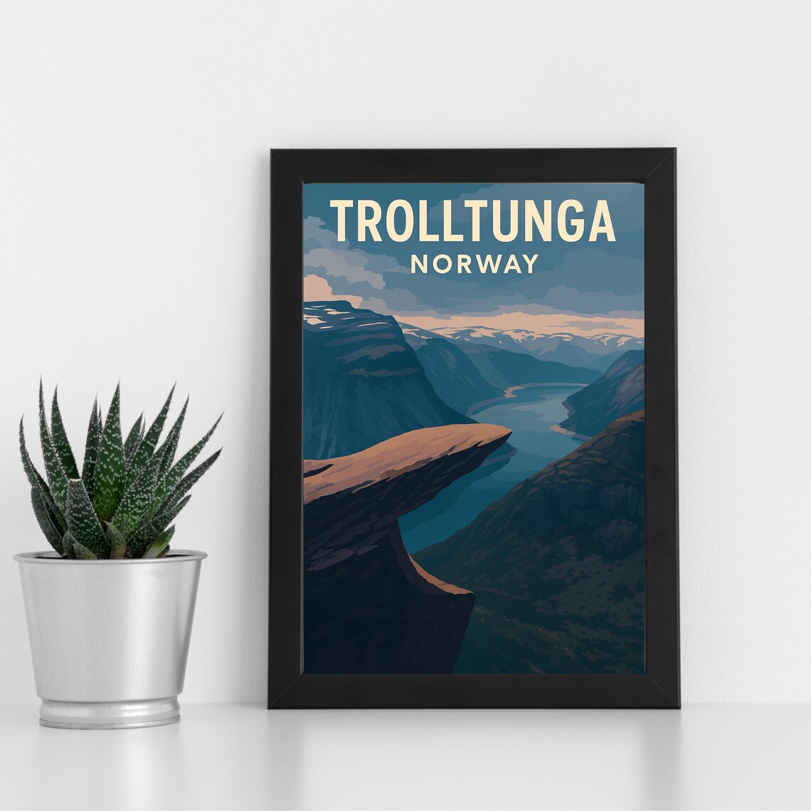 Trolltunga Norway Rock Ledge Over Fjord Vintage Travel Poster