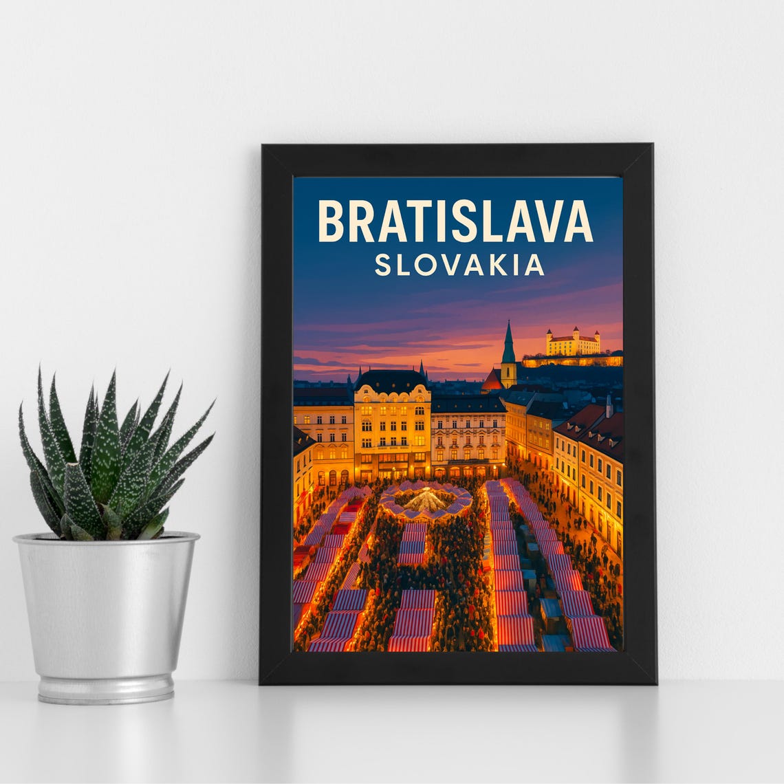 Bratislava Slovakia Christmas Market Dusk Skyline Scene Poster