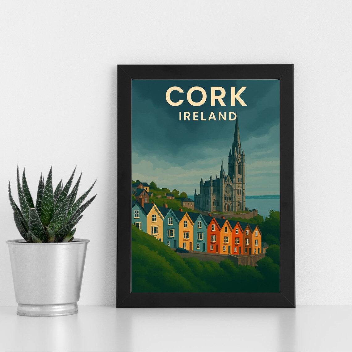 Cork Ireland Retro Colorful Row Houses Cathedral Hill Poster