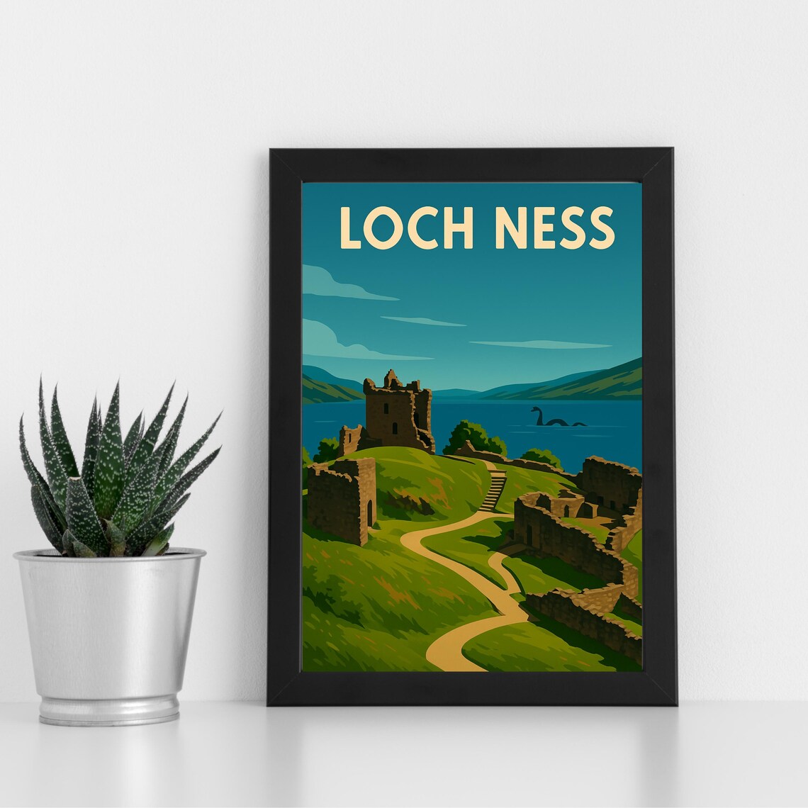 Loch Ness Scotland Castle Ruins Lakeside Retro Travel Poster