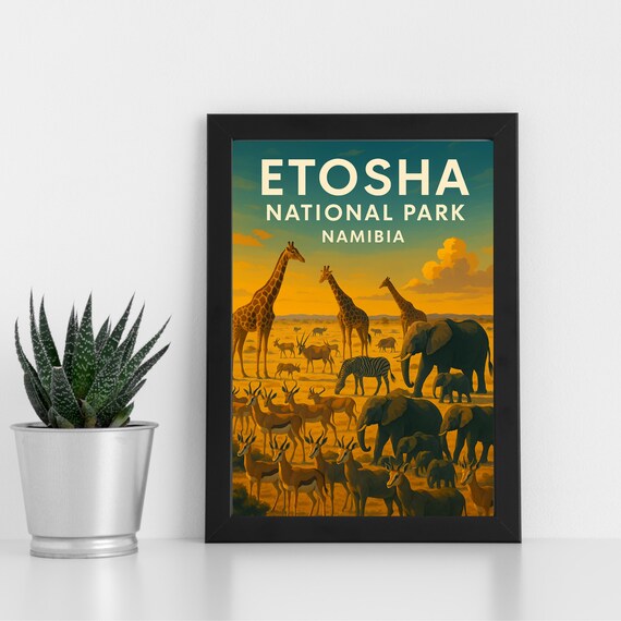 Etosha National Park Namibia Safari Wildlife Sunset Travel Poster