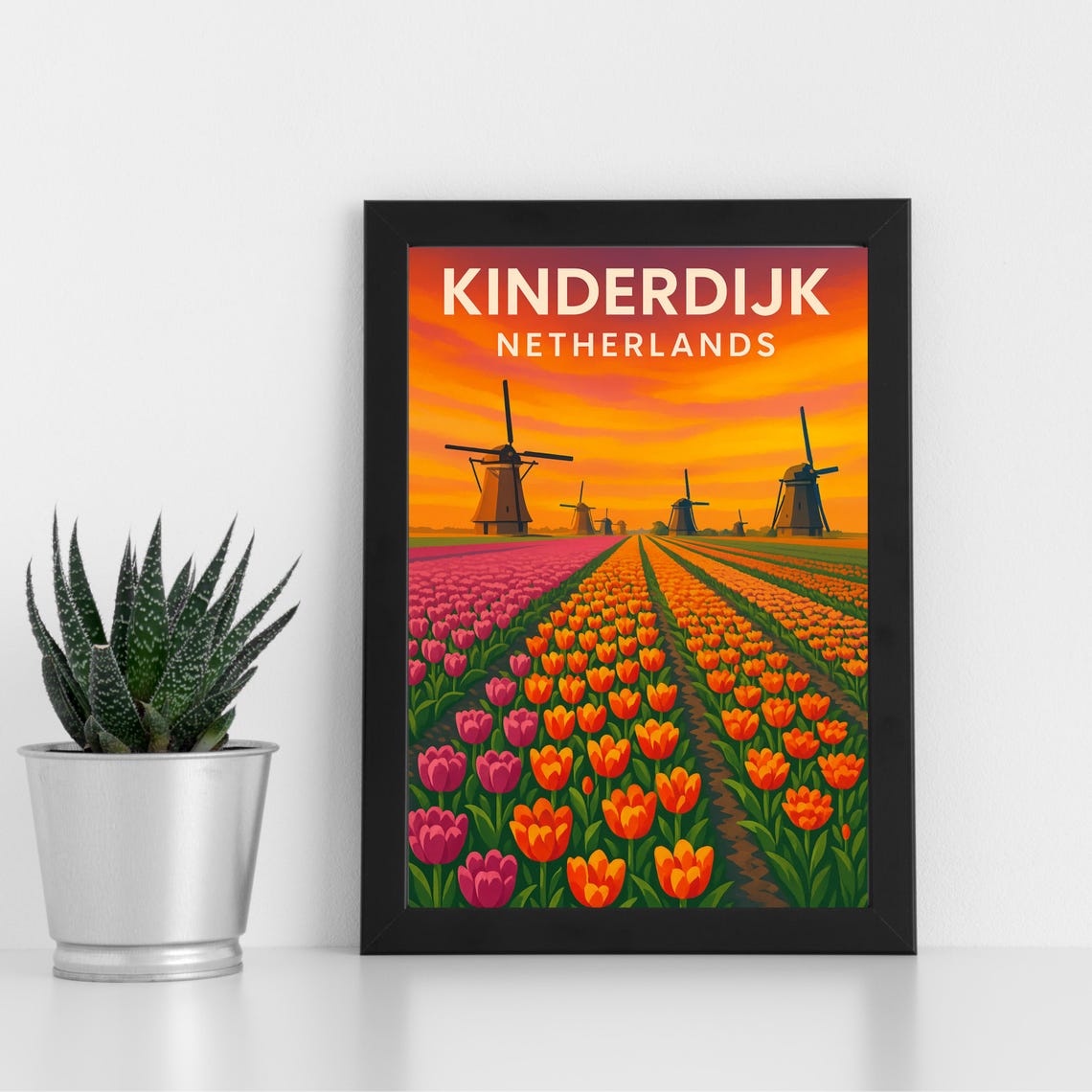Kinderdijk Netherlands Windmills Tulip Fields Retro Travel Poster