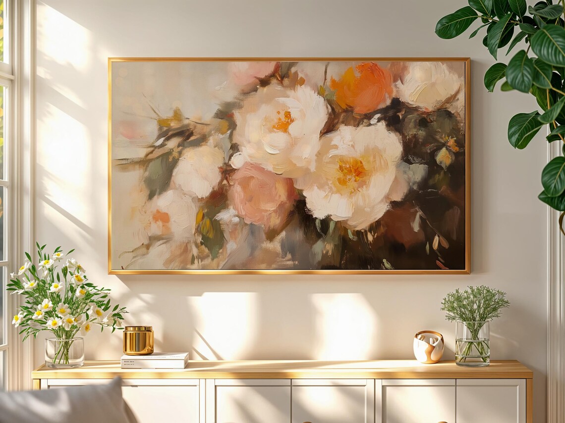 White Peony Blossoms Loose Impressionist Vintage Floral Art Poster - Image 2
