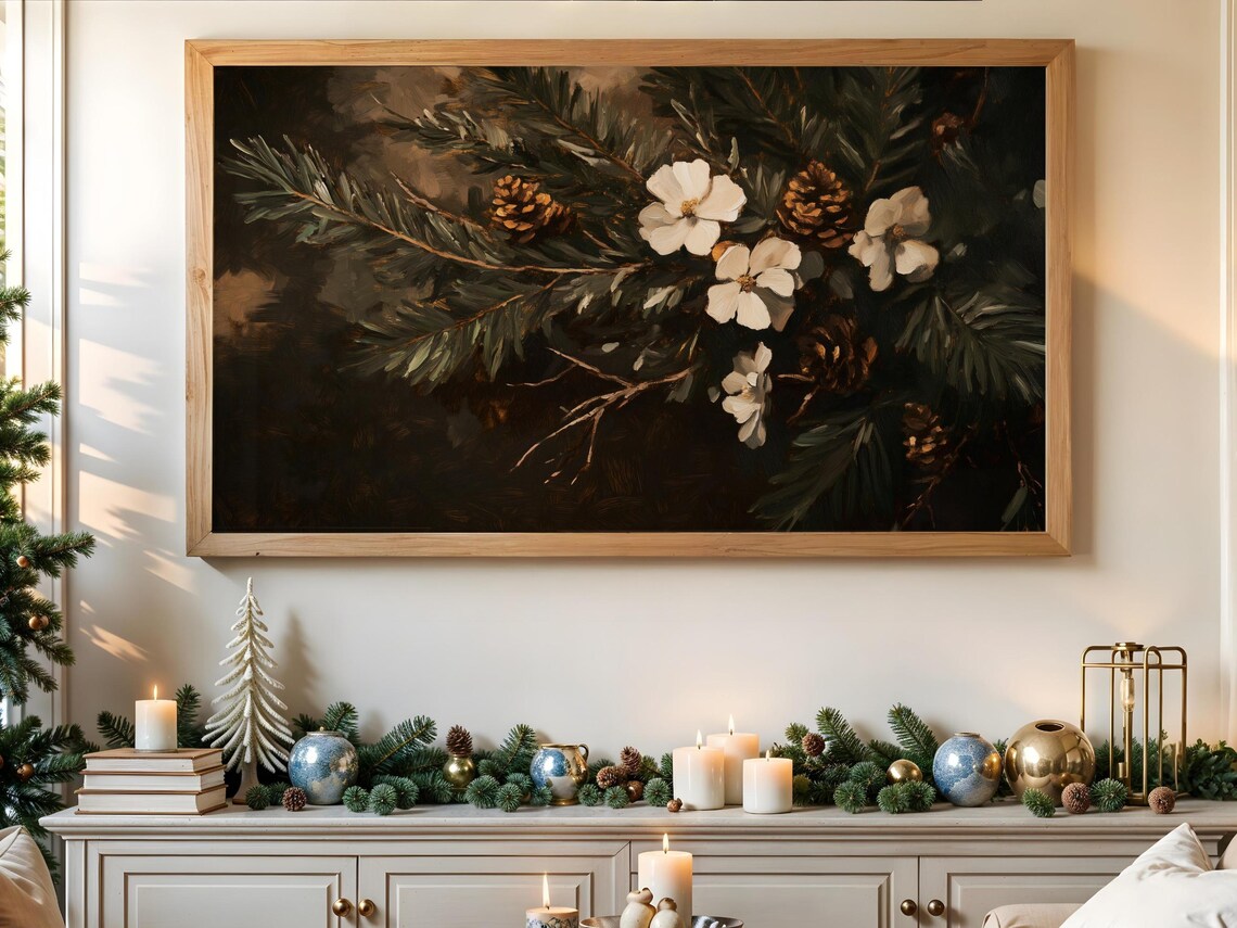 Winter Floral Frame TV Art, Vintage Christmas Print - Image 3