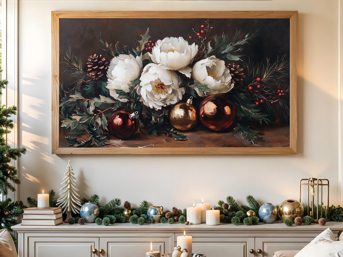 White Christmas Flowers Gold Ornaments Vintage Holiday Art Poster - Image 4