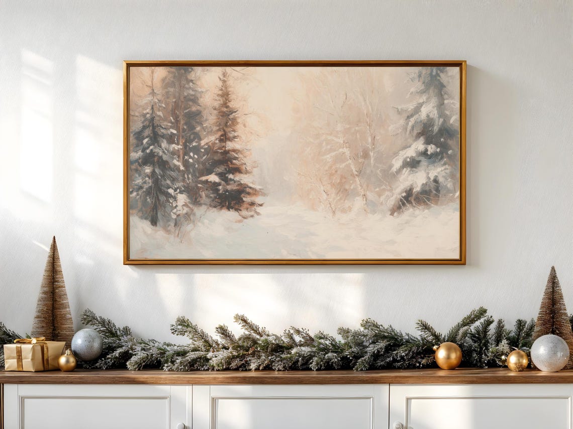 Snowy Winter Forest Misty Pine Trees Vintage Landscape Art Poster