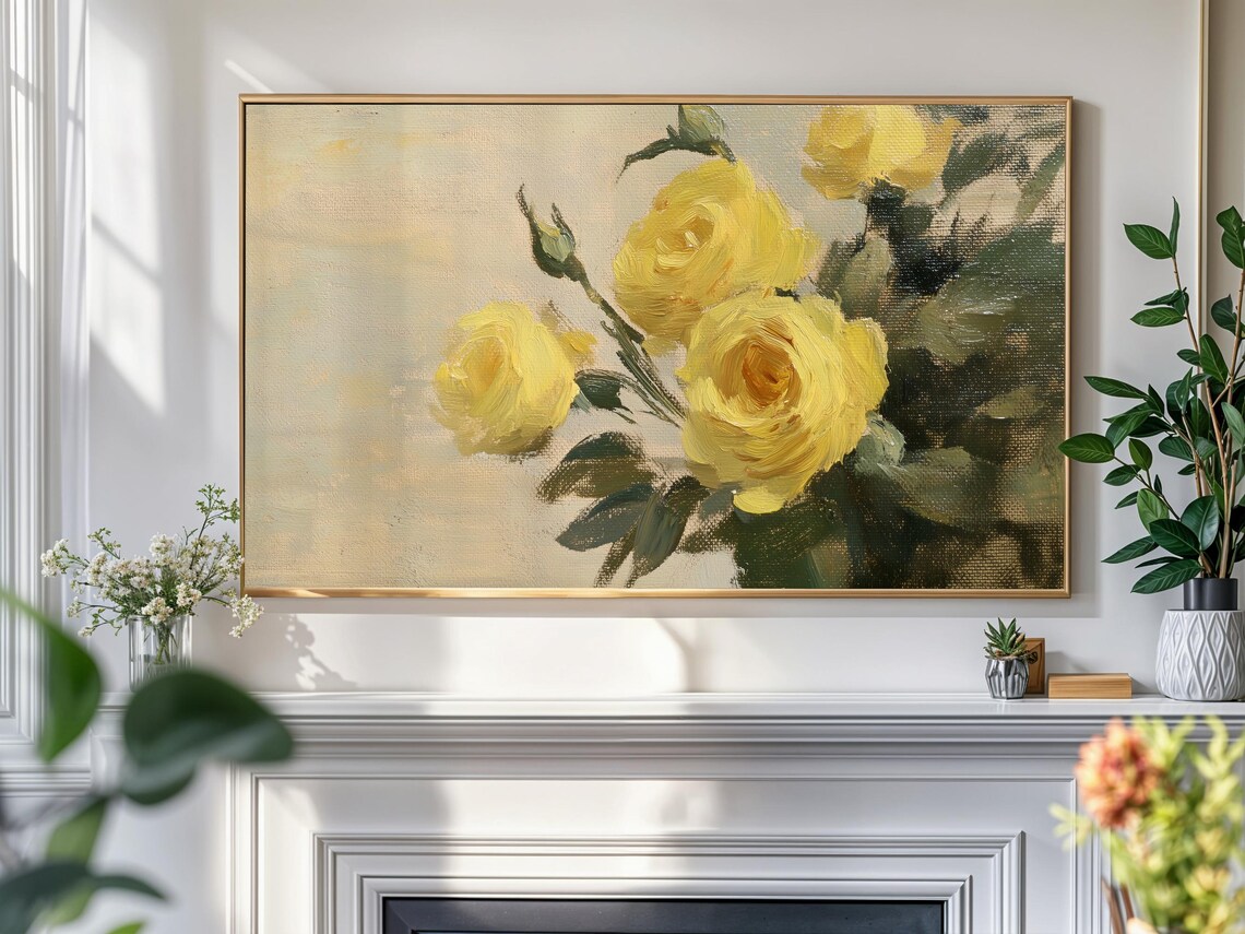 Frame Tv Art Roses Modern Yellow Botanical Flowers Oil Painting For Frame Tv Floral Tv Wallpaper Farmhouse Decor - Image 4