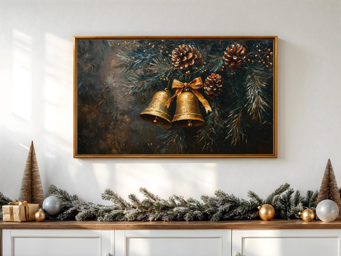 Golden Christmas Bells Pine Cones Evergreen Vintage Holiday Poster