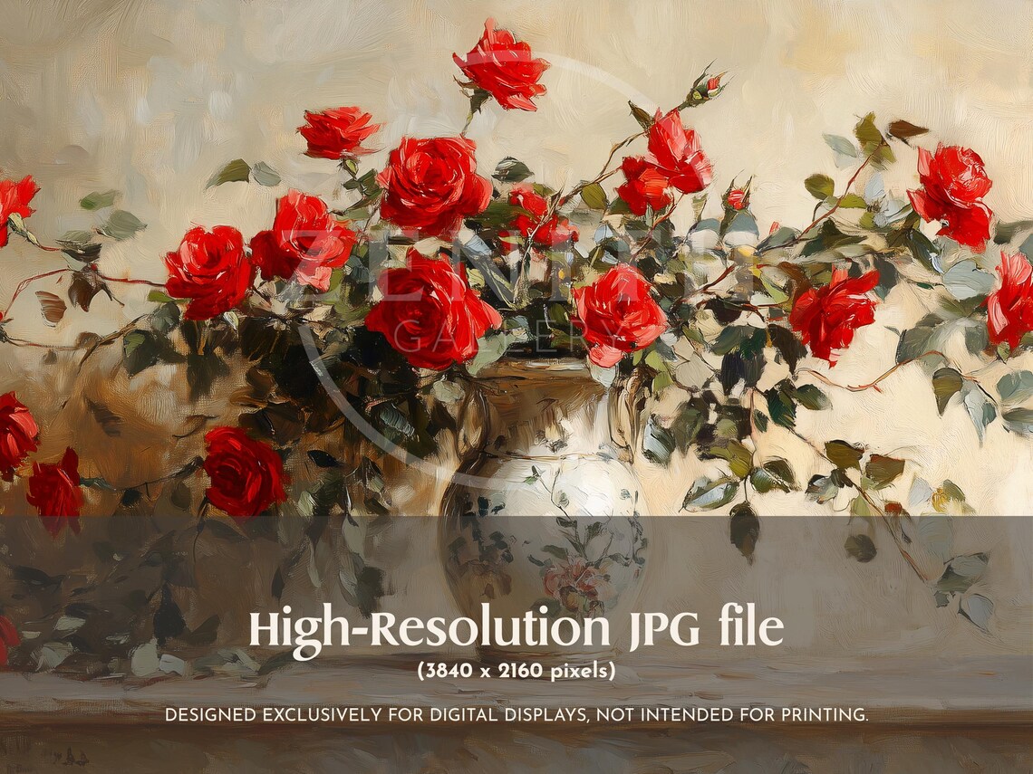 Red Roses White Ornate Vase Vintage Floral Still Life Art Poster - Image 3