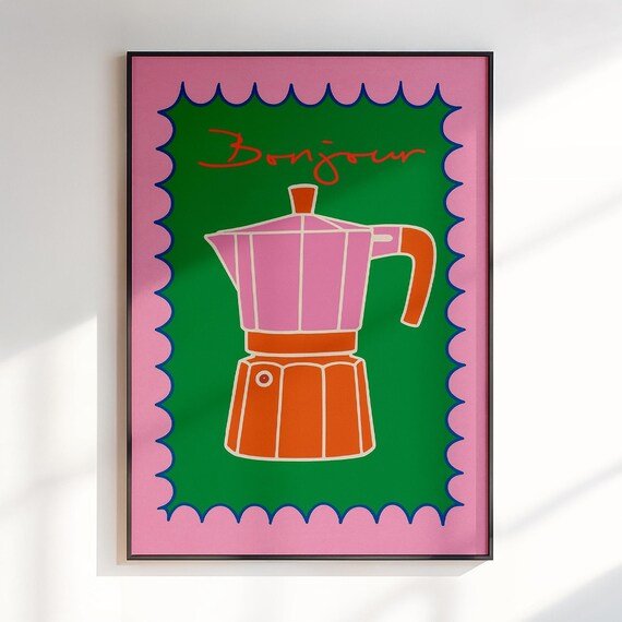Bonjour Script Moka Pot Retro Coffee Kitchen Typography Art Print