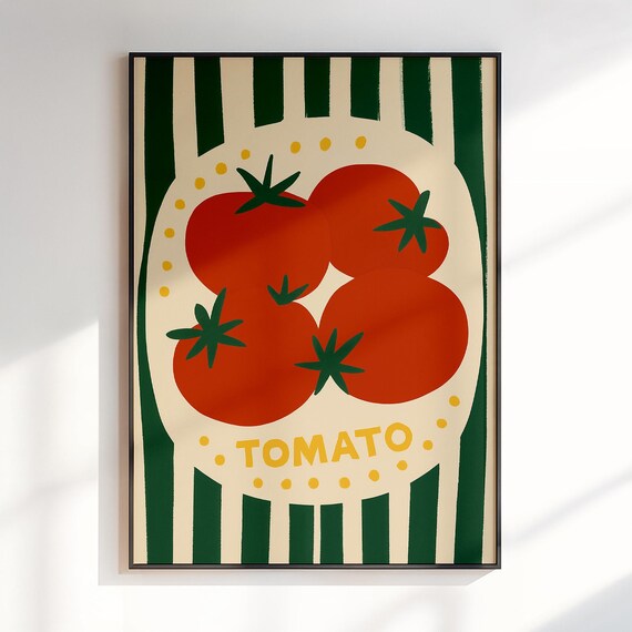Tomato Retro Kitchen Poster Red Tomatoes Green Stripes Food Art