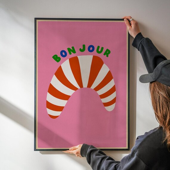 Bon Jour Croissant Retro French Kitchen Bistro Art Print in Pink