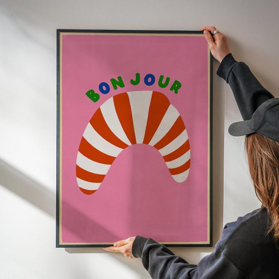 Bonjour Poster Kitchen Wall Art Funny Food Print Croissant Decor For Dining Room Or Chef Gift Colorful Artwork