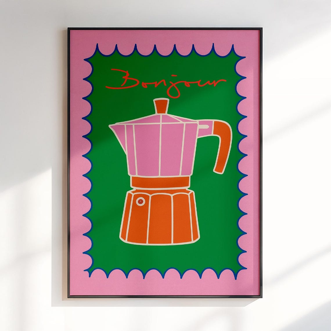 Bonjour Script Pink and Orange Moka Pot Retro Coffee Kitchen Poster