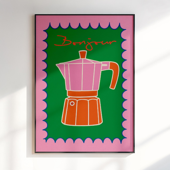 Bonjour Script Pink and Orange Moka Pot Retro Coffee Kitchen Poster