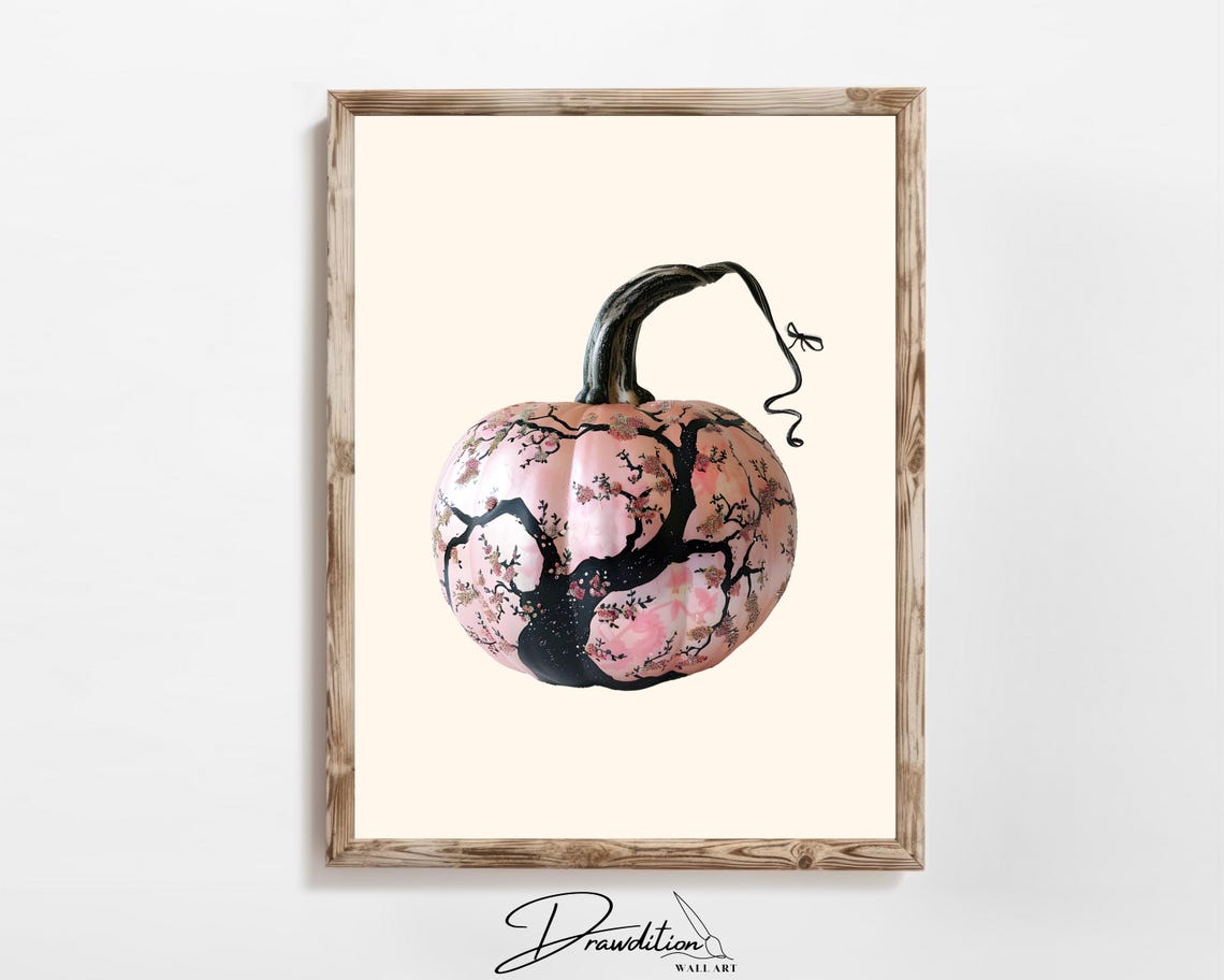 Pink Pumpkin Painted Black Tree Blossom Sakura Style Fall Wall Art