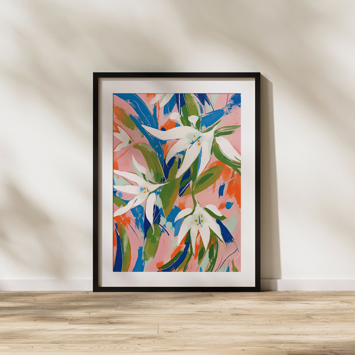 White Lilies Over Bright Pink And Blue Expressive Floral Art Poster - Image 2