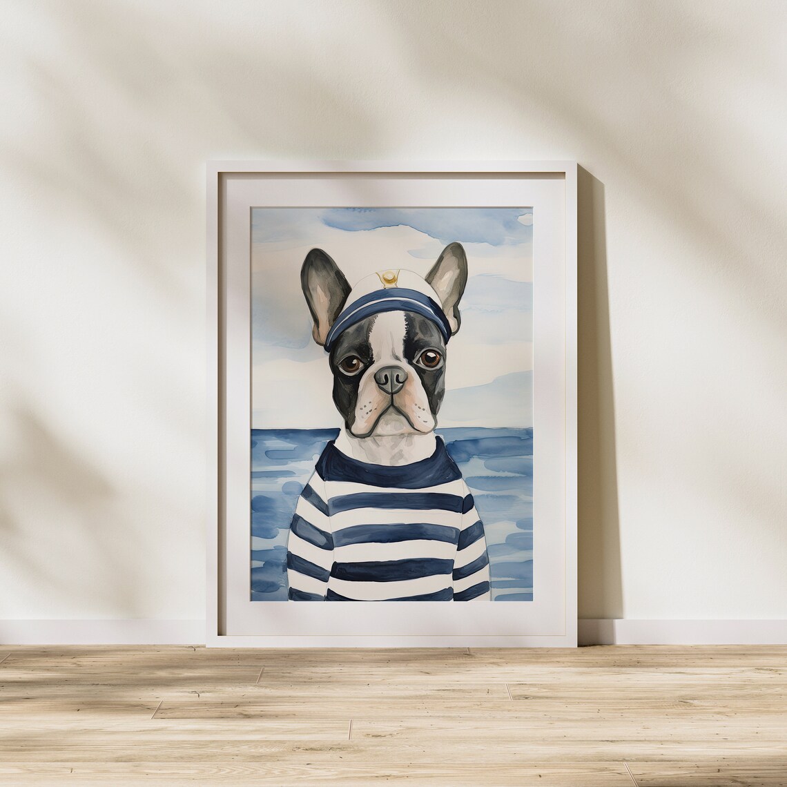 French Bulldog Sailor in Striped Sweater Ocean Watercolor Art Poster - Image 2