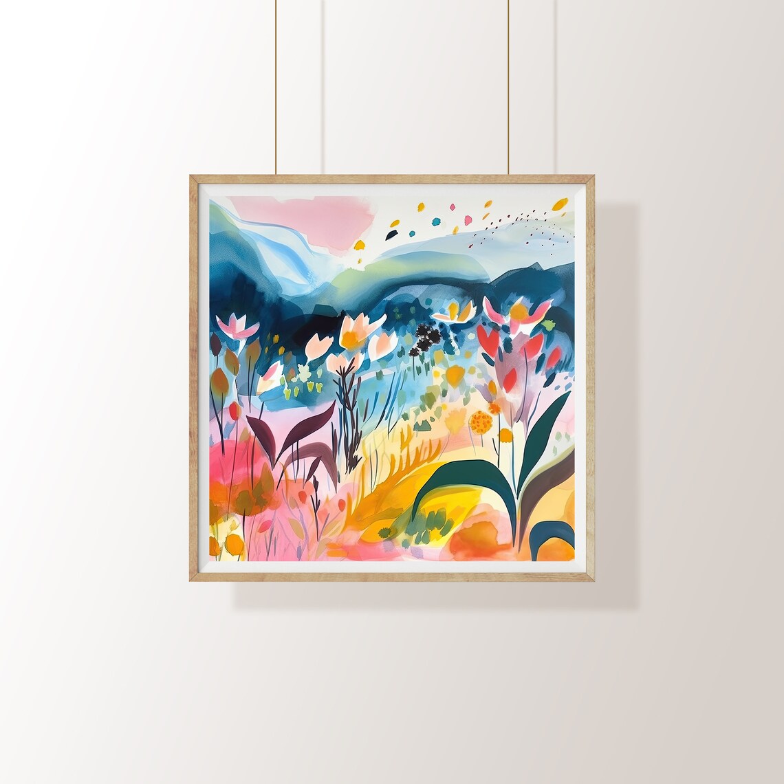 Wildflower Field and Blue Peaks Dreamy Abstract Nature Art Poster