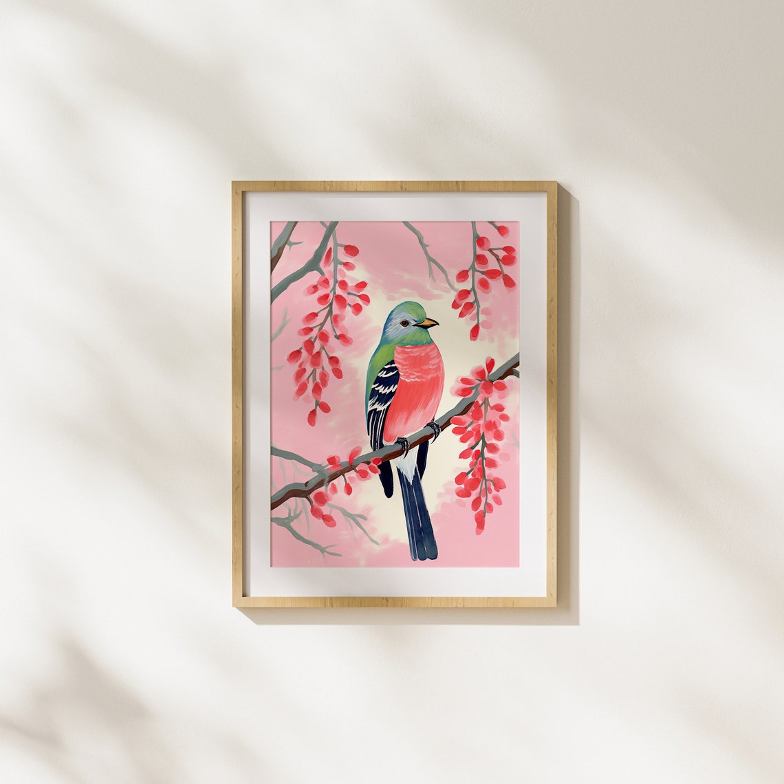 Colorful Songbird On Blossom Branch Soft Pink Spring Nature Art Poster