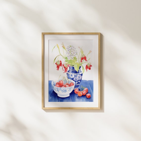 Cherry Blossoms Bloom Nature Painting Modern Art Wall Illustration Unique Vase Cherries Realism