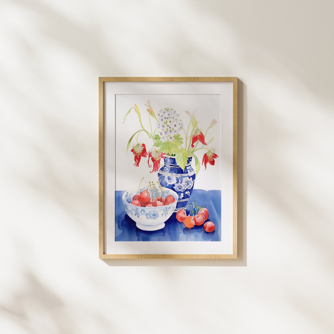 Watercolor Porcelain Vase With Red Cherries Classic Still Life Poster