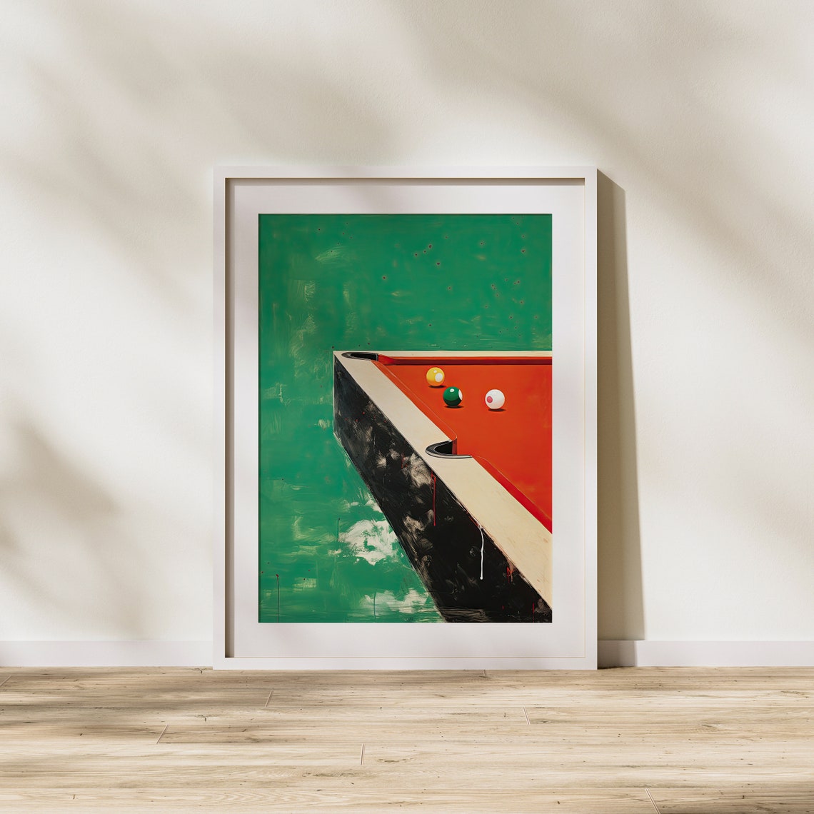Pool Table Corner with Balls Bold Green and Orange Game Room Poster - Image 2