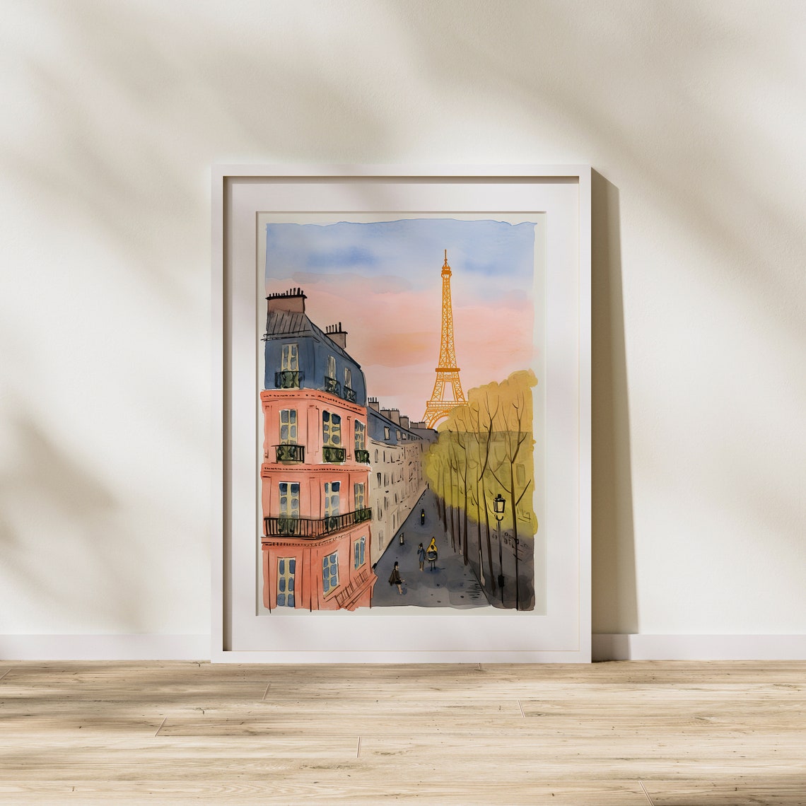Paris Eiffel Tower Street at Sunset Watercolor Cityscape Art Poster - Image 2