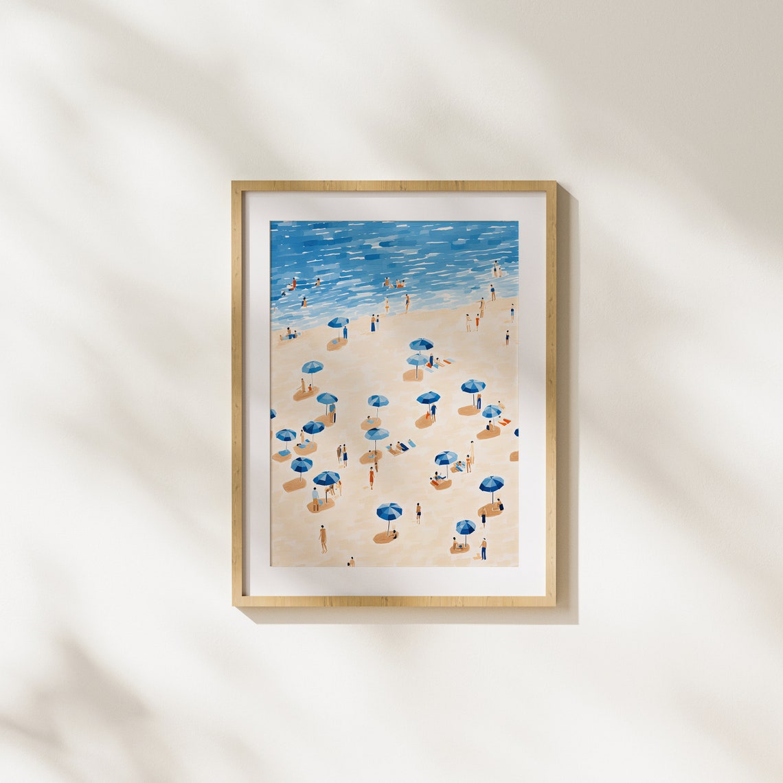 Aerial Beach Scene with Blue Umbrellas and Tiny Swimmers Poster