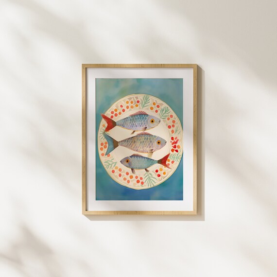 Fish Plate Dinner Illustration Underwater Art Animals Realism Wall Painting Modern Print