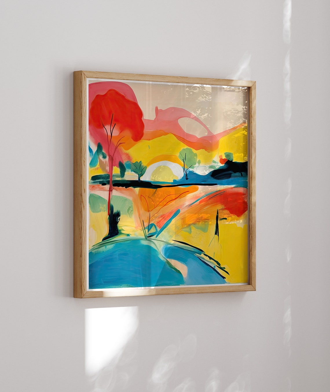 Abstract Watercolor Landscape with Red Tree and Hills Poster - Image 2