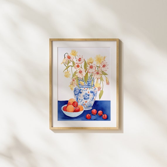Flowers In A Vase Blooming Bloom Painting Cherries Art Illustration Wall Interior Design Nature