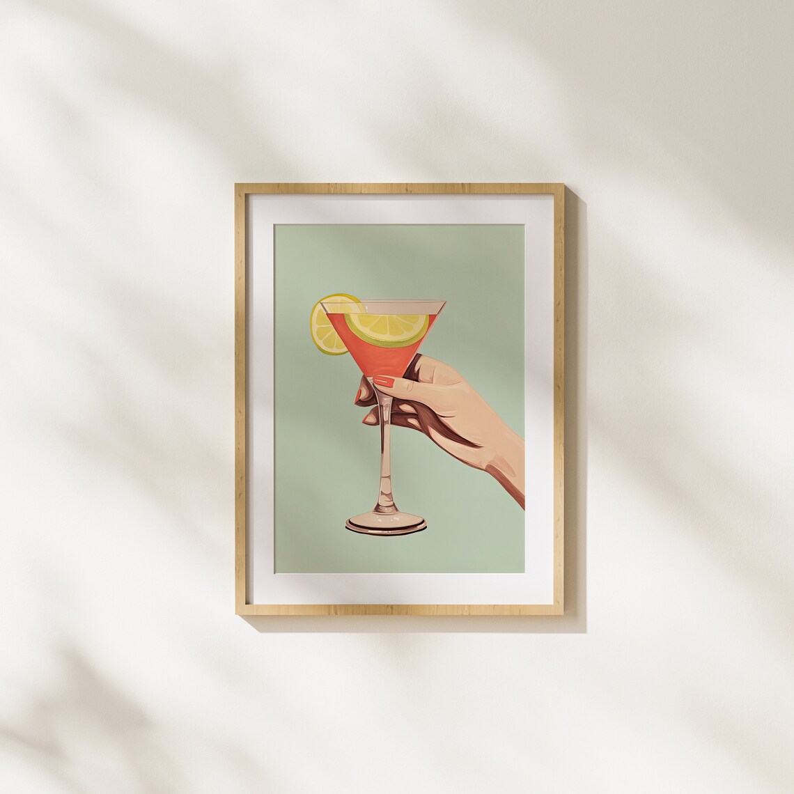 Hand Holding Red Cocktail With Lemon Slice Retro Bar Illustration Poster