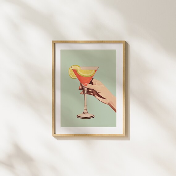 Hand Holding Red Cocktail With Lemon Slice Retro Bar Illustration Poster