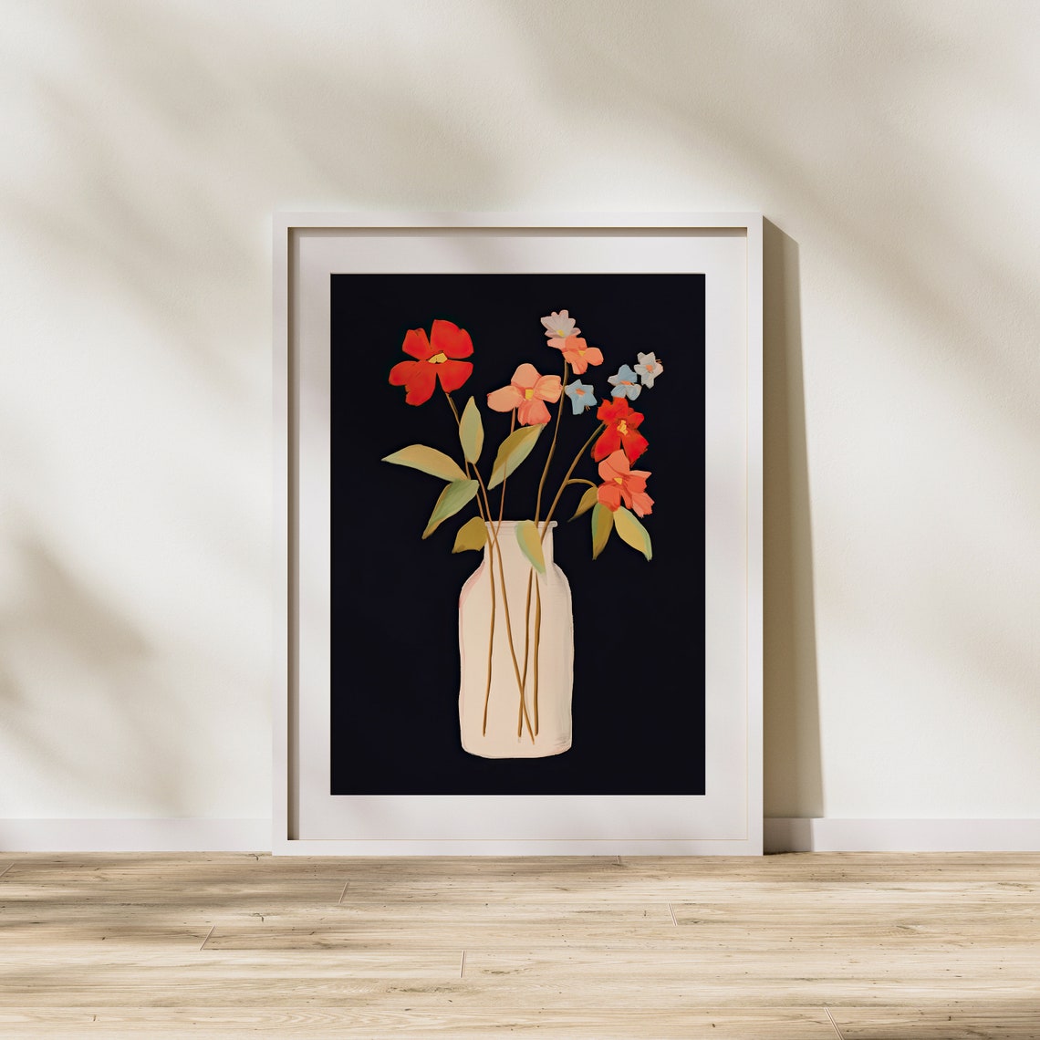 Red Blooms in White Vase on Black Modern Floral Still Life Poster - Image 2