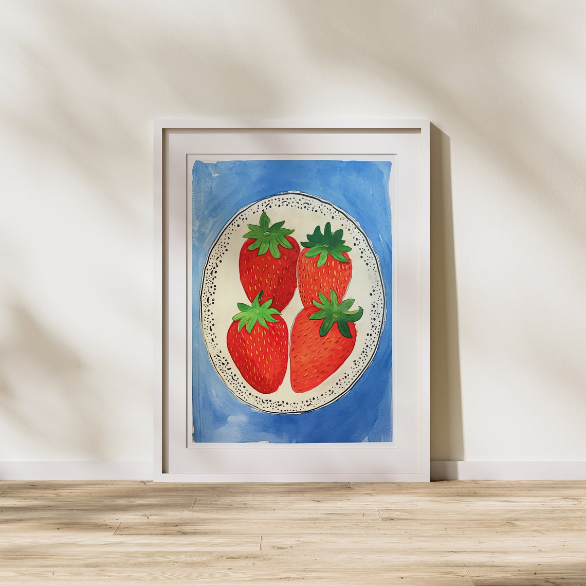Four Strawberries on Decorative Plate Bright Blue Kitchen Art Poster - Image 2