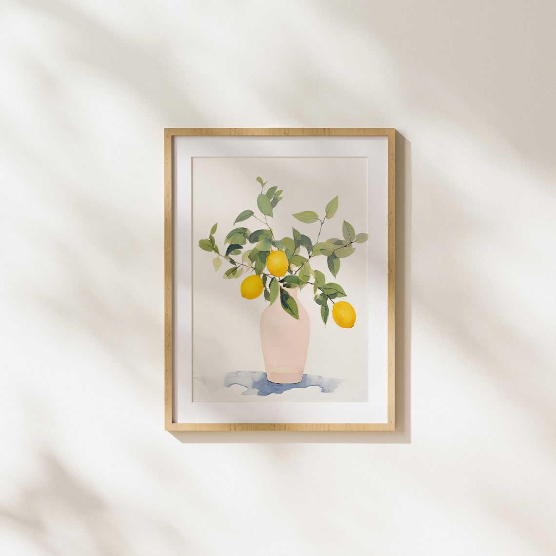 Lemon Sprig in Pink Vase with Soft Blue Shadow Minimal Art Poster