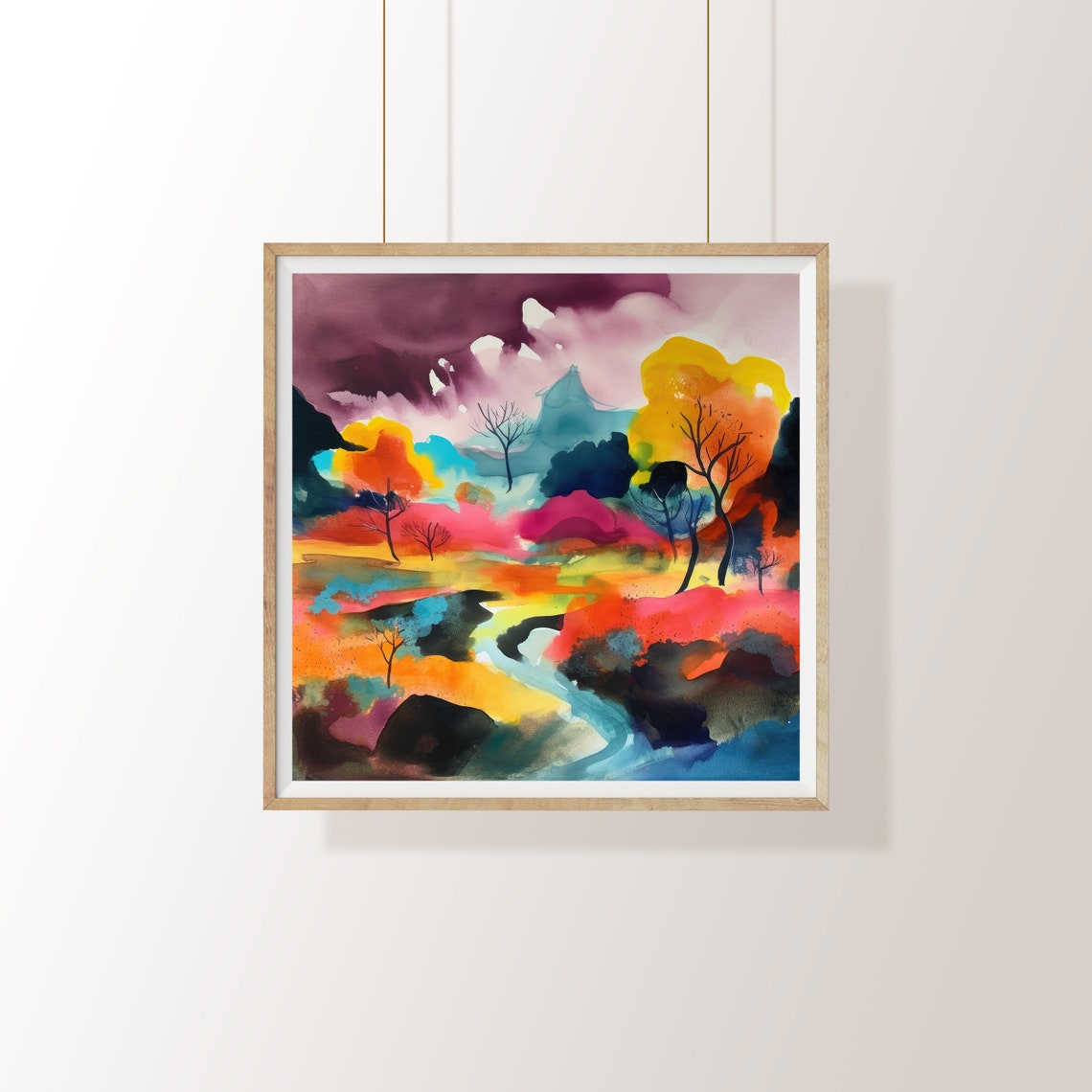 Moody Autumn Night Landscape with Stream Vivid Watercolor Art Poster