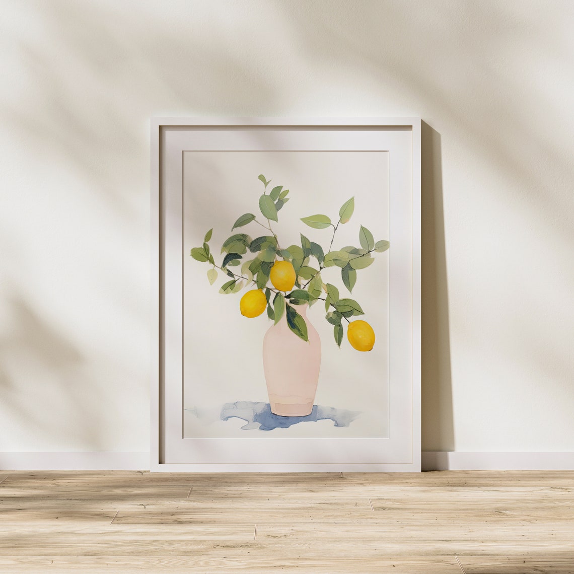 Lemon Sprig in Pink Vase with Soft Blue Shadow Minimal Art Poster - Image 2