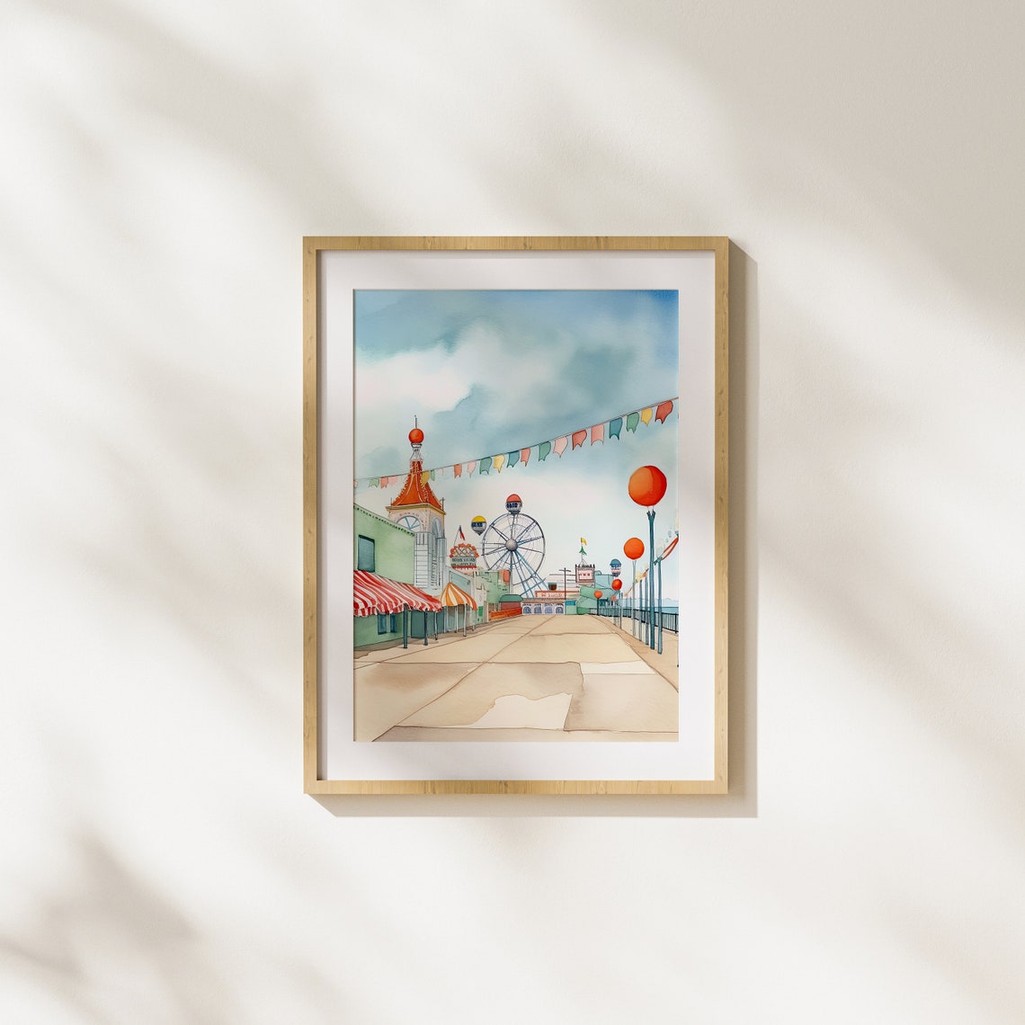 Nostalgic Seaside Boardwalk With Ferris Wheel Watercolor Art Poster