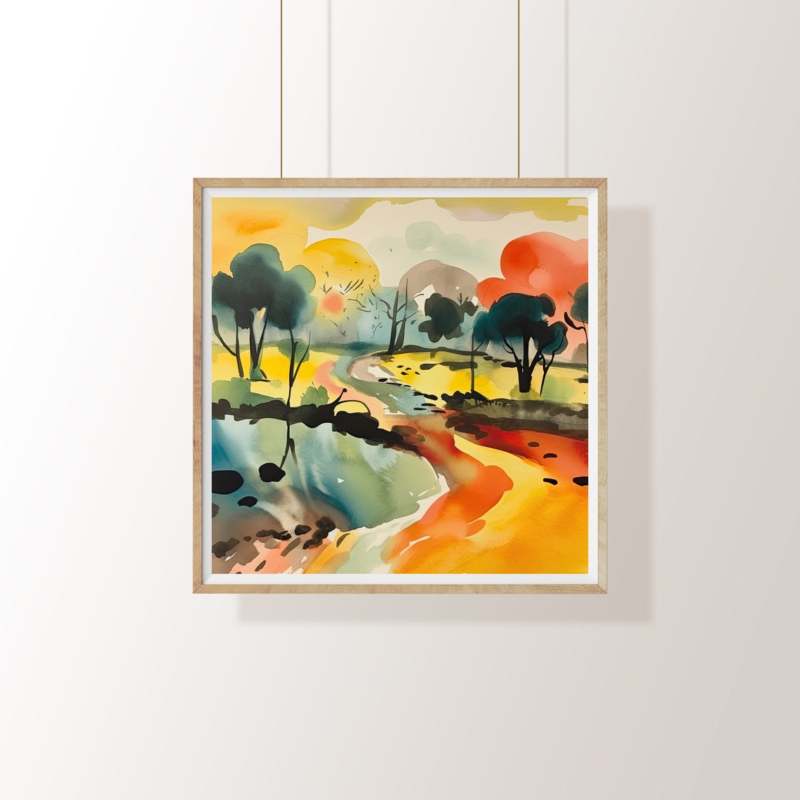 Watercolor Autumn Landscape with a River and Golden Trees Poster