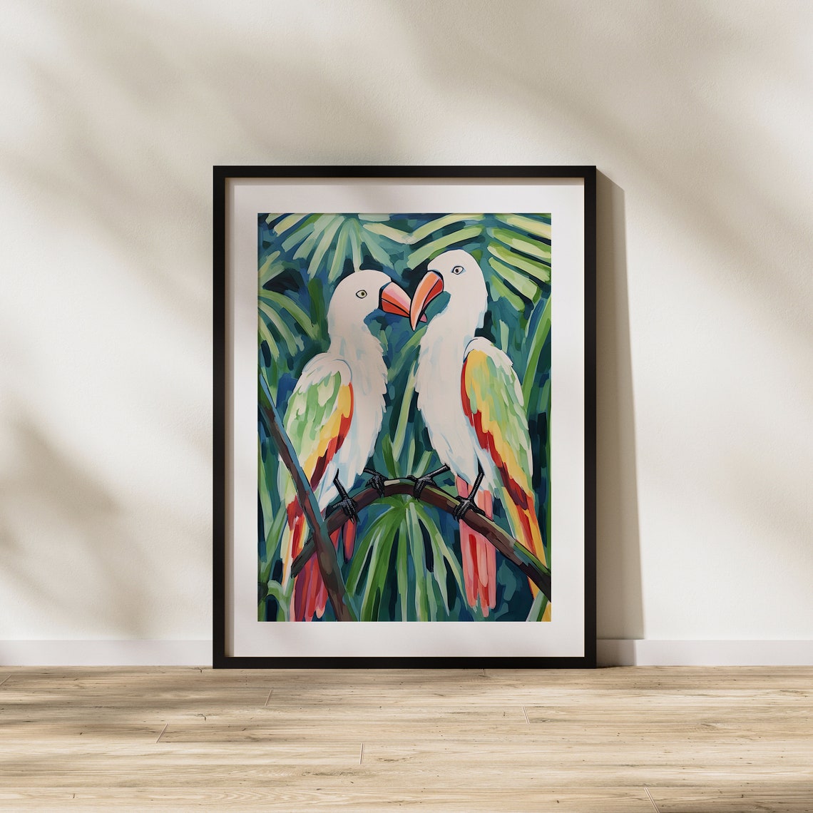 Pair of White Parrots Touching Beaks in Tropical Jungle Poster - Image 2