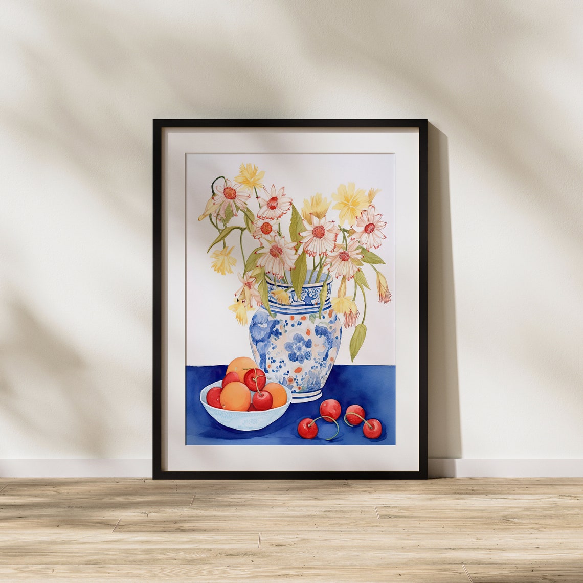 Daisies in Blue Porcelain Vase with Cherries and Apricots Poster - Image 2
