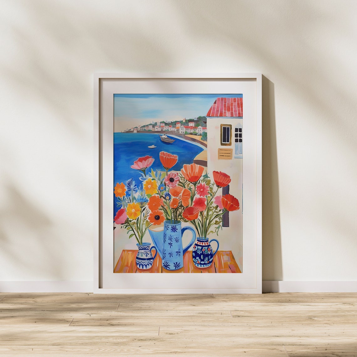 Seaside Town Bay View with Colorful Flowers Coastal Window Art Poster - Image 2