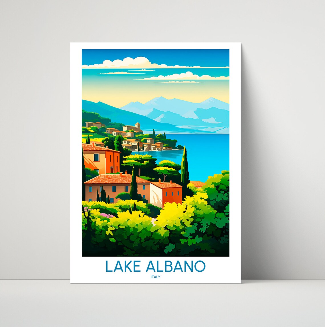 Lake Albano Italy Lakeside Village Rolling Hills Vintage Travel Poster