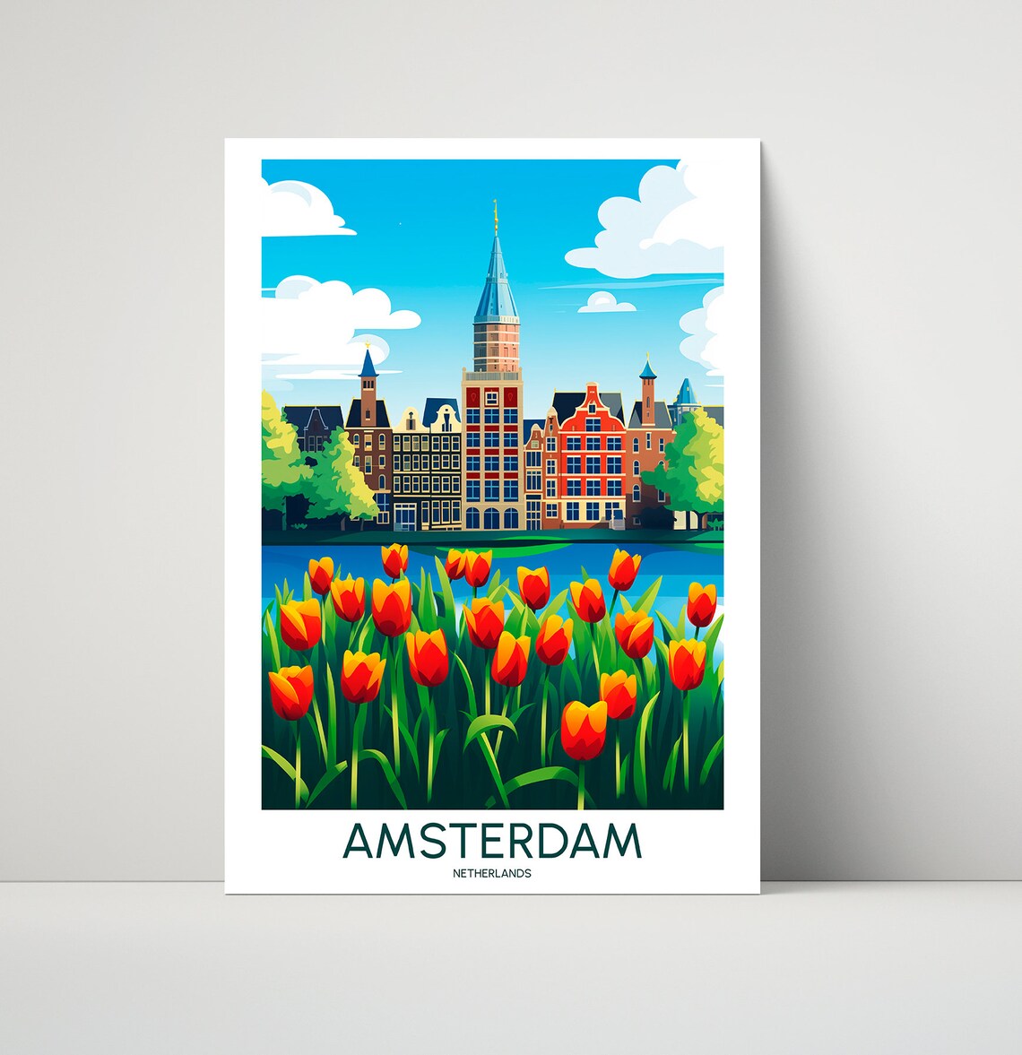 Amsterdam Netherlands Tulips Historic Houses Illustration Poster