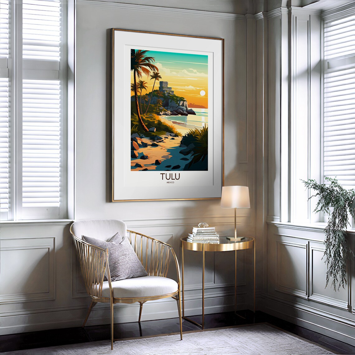 Tulu Mexico Mayan Ruin Cliff Sunset Beach Travel Illustrated Poster - Image 2